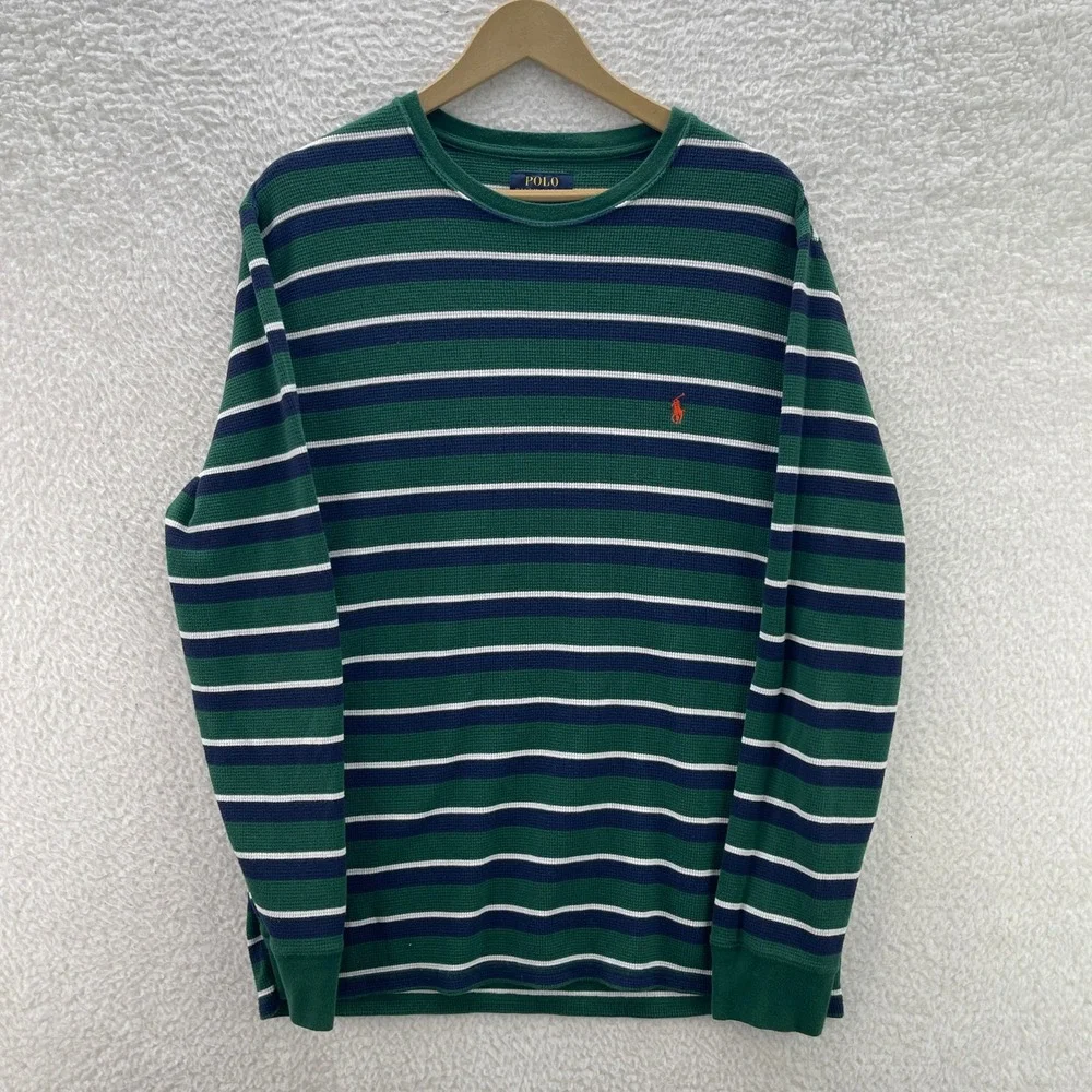 Polo Ralph Lauren Shirt Mens M* Green Blue Thermal Waffle Knit Striped Y2K Surf